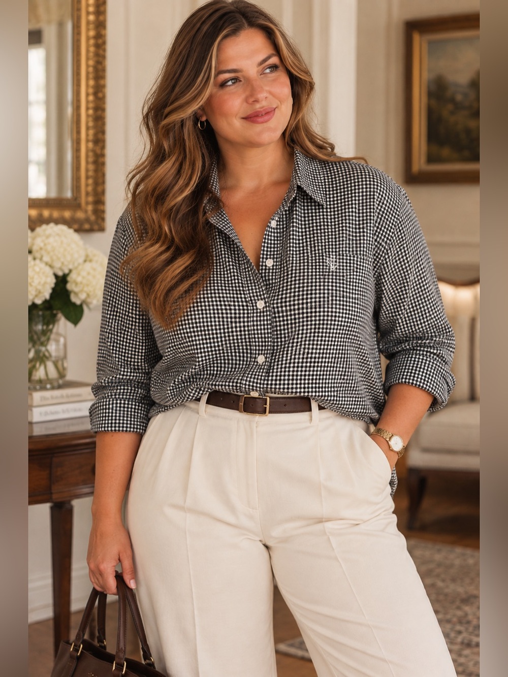 Lauren Ralph Lauren Black & White Gingham No Iron Button-Up Shirt